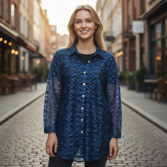 WEAVZ Embroidered Sheer Jacket Women's M Blue Button-Up Long Sleeve Cocktail - Picture 1 of 5